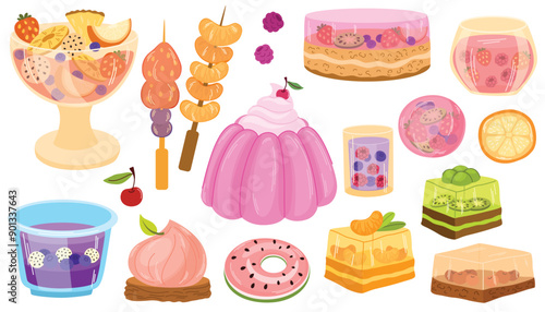 Fruit jellies set. Gelatin desserts, jello cake and pieces on plates. Sweet food with berries. Fresh dishes, orange and apple juicy puddings. Flat vector illustrations isolated on white background