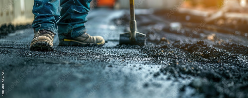 Road construction worker using tools on a new road. Free copy space for banner. Road construction worker using tools on a new road. Free copy space for banner.