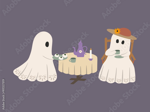 Cute vintage ghosts tea party vector illustration. Whimsical cartoon Halloween characters drinking tea with spooky desserts. Hand drawn funny countryside ghosts with hat, candle, table, teapot, cups