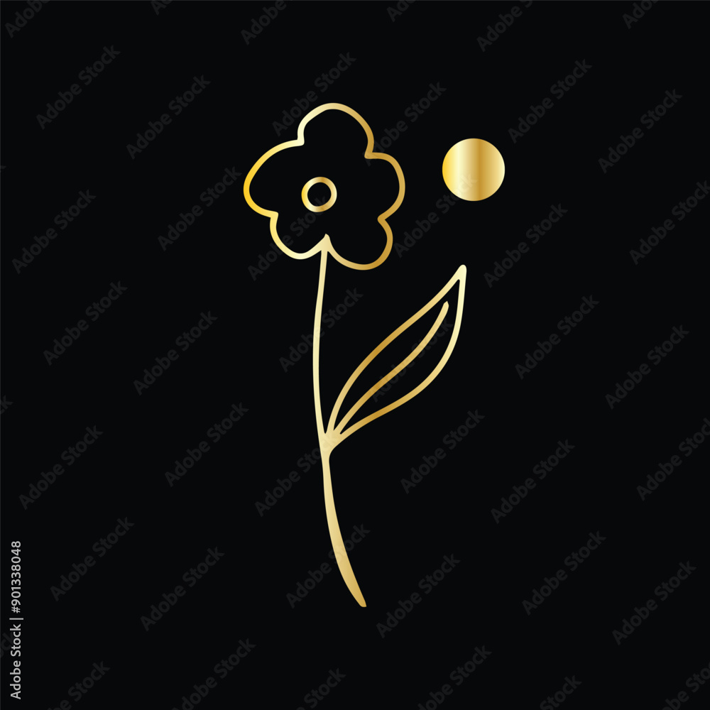 golden floral line isolated on black background. logo, wedding, invitation templates card