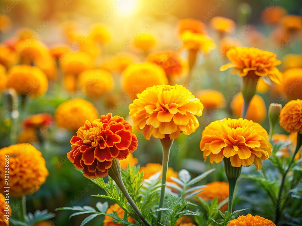 Vibrant yellow and orange marigold flowers bloom in a serene summer garden, soft focus effect and blurred background creating a warm, inviting atmosphere for text overlay. Vibrant yellow and orange marigold flowers bloom in a serene summer garden, soft focus effect and blurred background creating a warm, inviting atmosphere for text overlay.