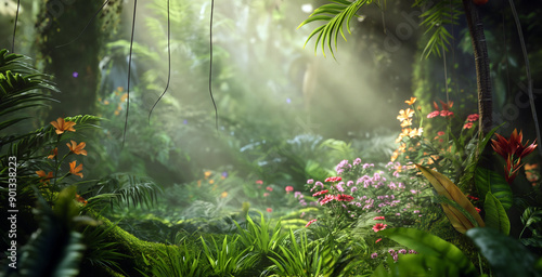 Fototapeta Naklejka Na Ścianę i Meble -  A lush green jungle with a bright sun shining through the trees