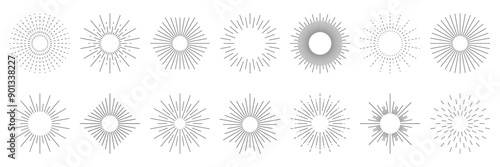 Vintage sunburst set vector. Bursting rays sunrise, radial sunlight emblems. Firework, sunbeam, blast burst, sunset, sunshine spark collection.