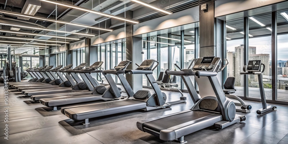 Modern cardio machine with inclined belt and steel frame stands against gray wall in a clean and organized fitness center with mirrors and equipment nearby. Modern cardio machine with inclined belt and steel frame stands against gray wall in a clean and organized fitness center with mirrors and equipment nearby.