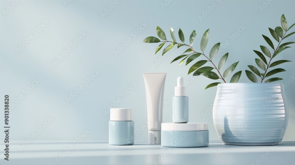 A 3D blue podium with a wave pattern showcasing skincare products. A 3D blue podium with a wave pattern showcasing skincare products.