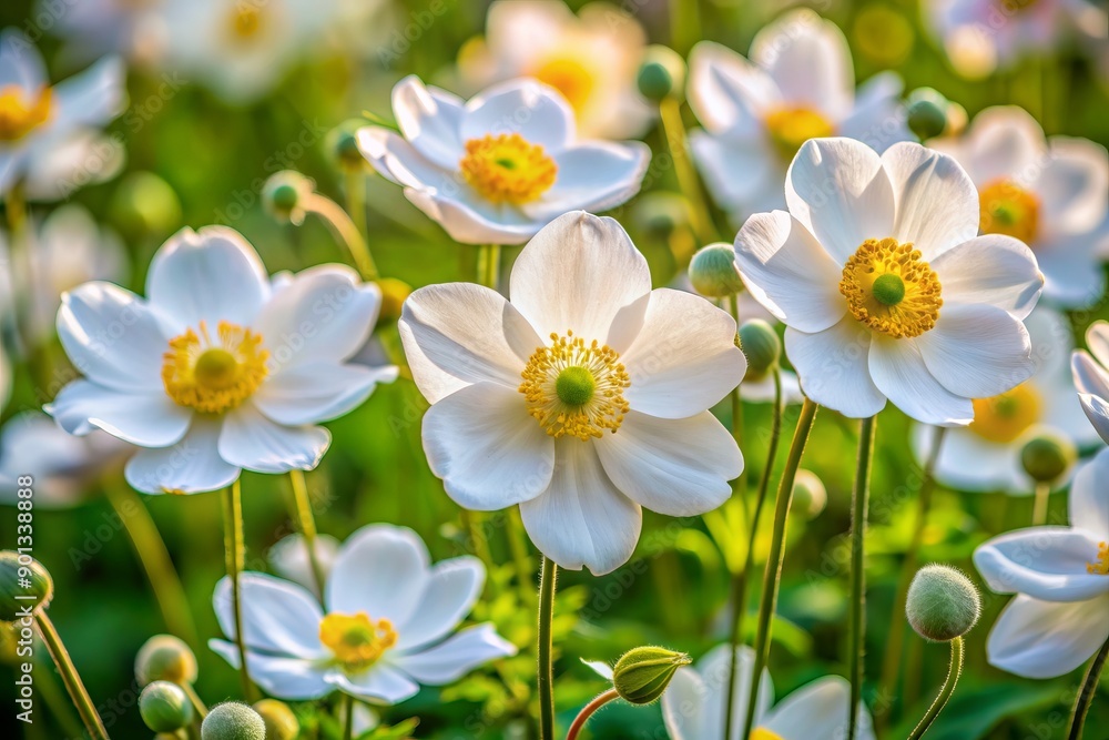 Delicate white petals and yellow centers of Japanese anemone flowers Anemone x hybrida bloom in a lush green environment, offering a peaceful copyspace background. Delicate white petals and yellow centers of Japanese anemone flowers Anemone x hybrida bloom in a lush green environment, offering a peaceful copyspace background.