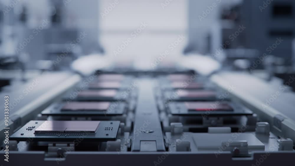 Advanced Computer Chips on Tray on Automated Conveyor at Electronics Factory. Microchip Manufacturing Facility. Computer Processor Production Process. Advanced Computer Chips on Tray on Automated Conveyor at Electronics Factory. Microchip Manufacturing Facility. Computer Processor Production Process.