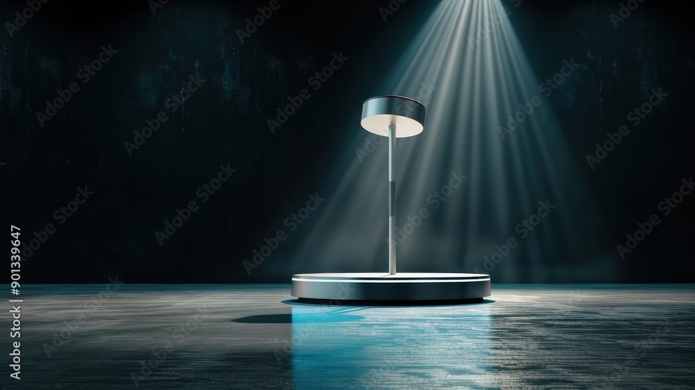 Obraz premium A black podium illuminated by a blue spotlight, reflecting futuristic technology.