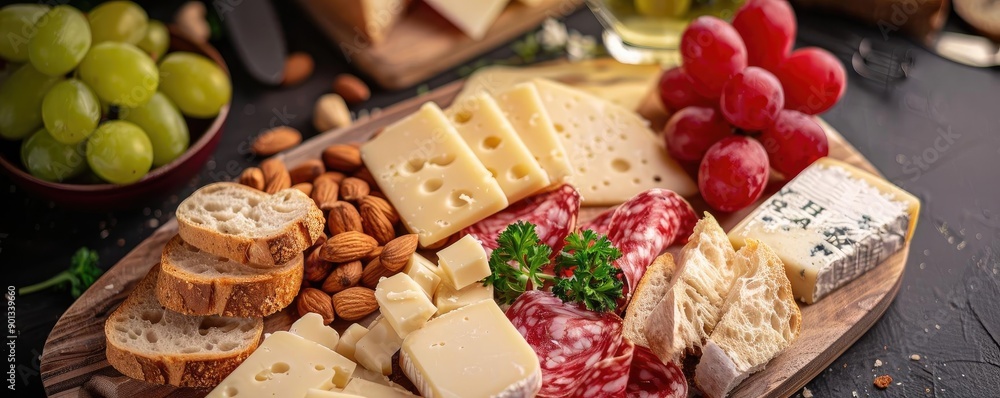 Assorted cheese, salami, grapes, nuts, and bread slices on a wooden board. Perfect for gatherings and appetizers. Assorted cheese, salami, grapes, nuts, and bread slices on a wooden board. Perfect for gatherings and appetizers.