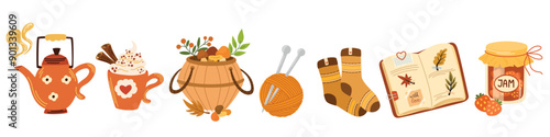 Simple cozy set. Autumn set of hand drawn cute and cozy design elements. Fall, Thanksgiving Day, Autumn season.
