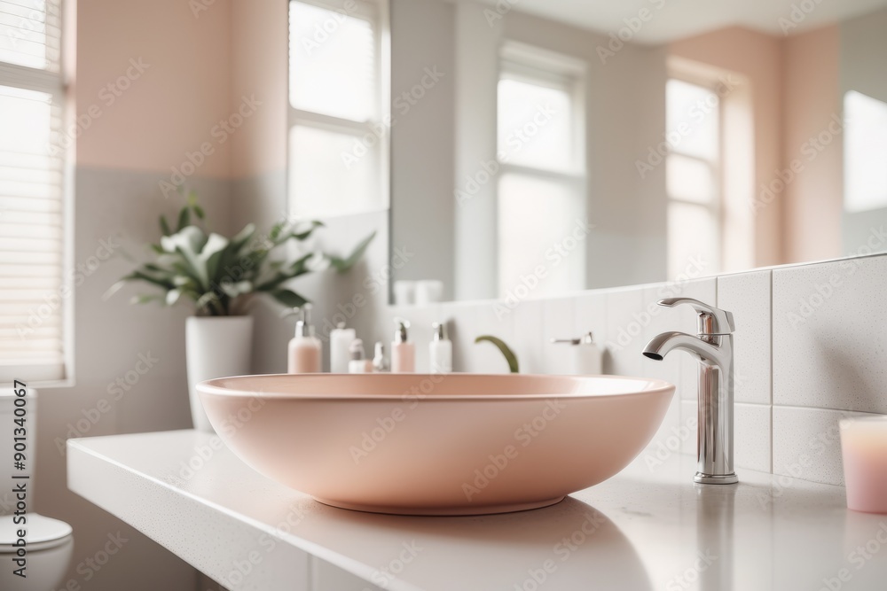 Fototapeta premium Modern bathroom interior with white tiles faucet and flowers featuring a clean luxurious design
