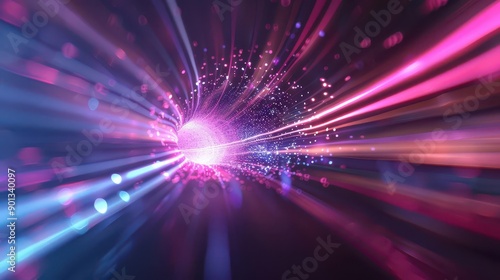 Abstract colorful light streaks and particles create a dynamic and futuristic tunnel effect.