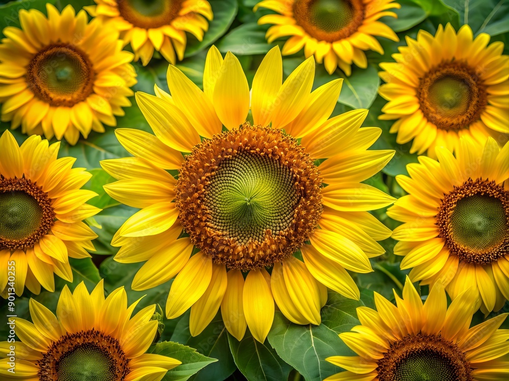 Vibrant yellow sunflowers with bright green leaves and sturdy stems stand upright in a circular formation, creating a beautiful natural frame with ample copy space. Vibrant yellow sunflowers with bright green leaves and sturdy stems stand upright in a circular formation, creating a beautiful natural frame with ample copy space.