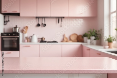 blurred Sleek wooden kitchen interior with modern decoration ample natural light