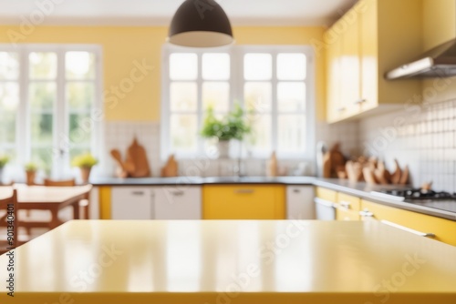 blurred Sleek wooden kitchen interior with modern decoration ample natural light photo