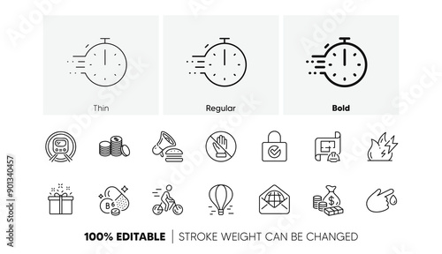 Cooking timer, Engineering plan and Fire energy line icons. Pack of Corrupt, Air balloon, Burger icon. Banking money, Special offer, Vitamin b6 pictogram. Metro subway, Blood donation, Money. Vector