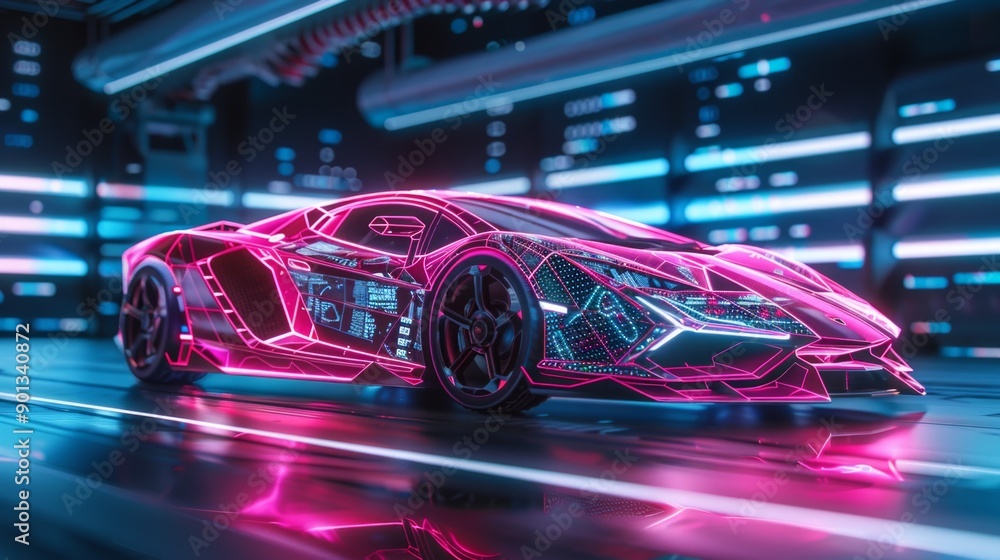 Futuristic Sports Car On Neon Highway. Powerful acceleration of a supercar on a night track with colorful lights and trails. Futuristic Sports Car On Neon Highway. Powerful acceleration of a supercar on a night track with colorful lights and trails.