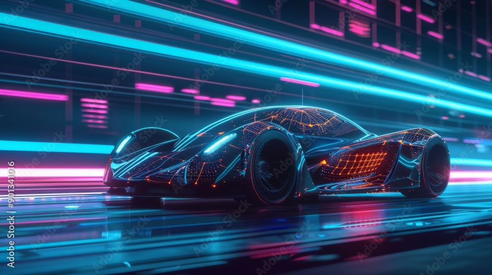 Futuristic Sports Car On Neon Highway. Powerful acceleration of a supercar on a night track with colorful lights and trails. Futuristic Sports Car On Neon Highway. Powerful acceleration of a supercar on a night track with colorful lights and trails.