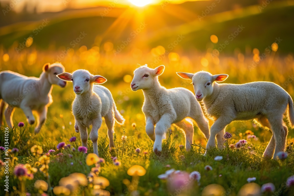 Adorable lambs frolic and play on a vibrant green meadow, surrounded by blooming wildflowers, as the warm sunlight casts a golden glow during sunrise. Adorable lambs frolic and play on a vibrant green meadow, surrounded by blooming wildflowers, as the warm sunlight casts a golden glow during sunrise.