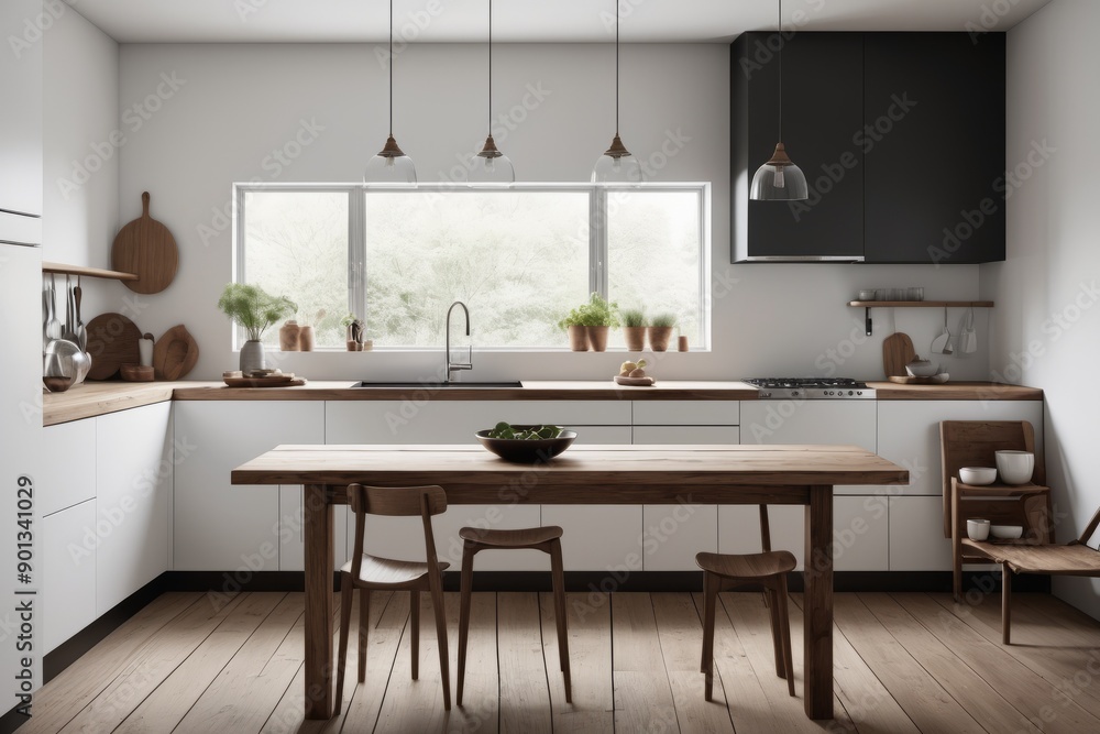 Sunlit contemporary dining room with wooden table chairs and minimalist decoration Sunlit contemporary dining room with wooden table chairs and minimalist decoration