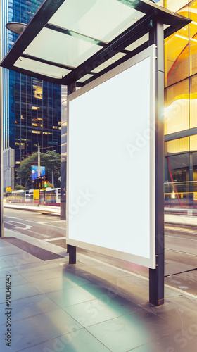 Wallpaper Mural high-quality image featuring an empty poster mockup displayed at a bus stop in a bustling modern city. Torontodigital.ca