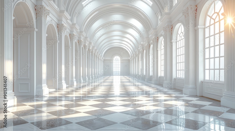 White Hallway with Arches and Checkerboard Floor White Hallway with Arches and Checkerboard Floor