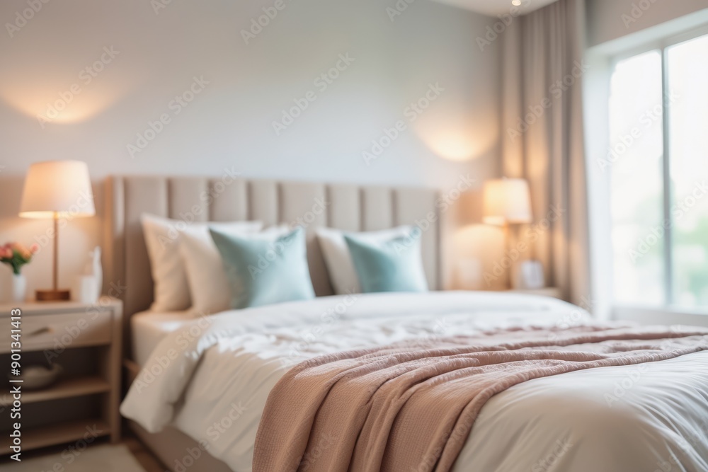 Fototapeta premium Cozy bedroom with a neatly made bed and decorative pillows featuring a lamp and elegant decoration