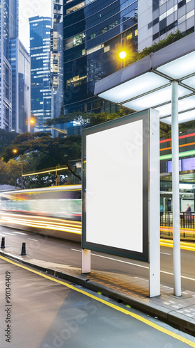 Wallpaper Mural high-quality image featuring an empty poster mockup displayed at a bus stop in a bustling modern city. Torontodigital.ca