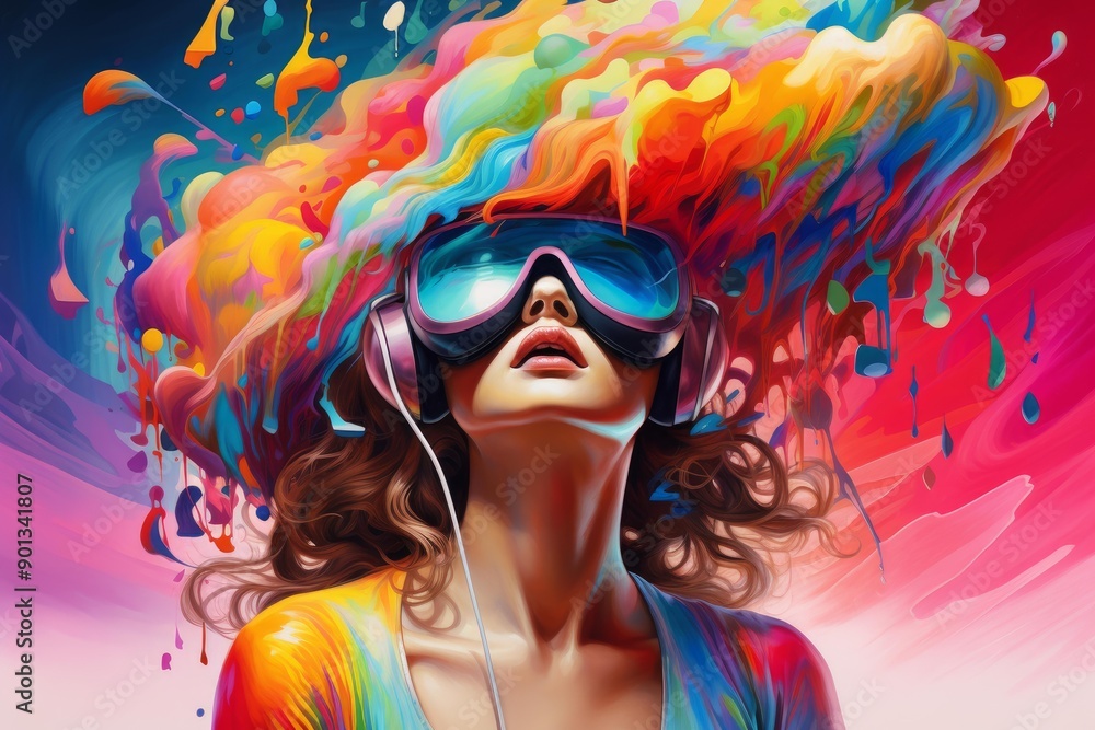 Fototapeta premium Immerse yourself in a vibrant music fantasy with virtual reality technology. A colorful woman. And flowing hair digital artwork
