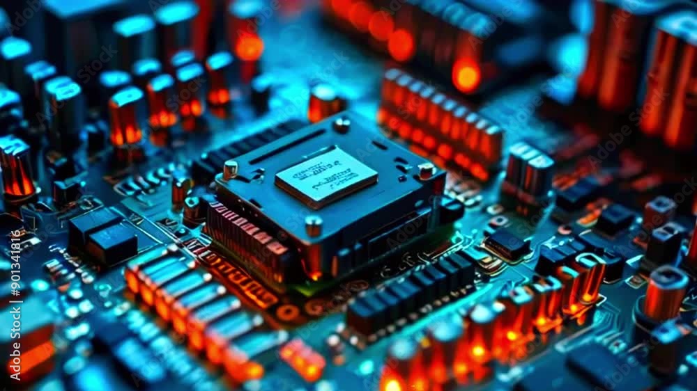 The video shows a close-up of a computer circuit board with a large processor chip in the center. The board is lit with red and blue lights. The video shows a close-up of a computer circuit board with a large processor chip in the center. The board is lit with red and blue lights.