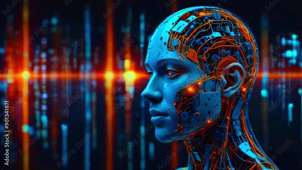 The video is a digital rendering of a robot's head, with glowing blue and orange wiring. It has a human-like face and is set against a background of glowing lines. The video is a digital rendering of a robot's head, with glowing blue and orange wiring. It has a human-like face and is set against a background of glowing lines.