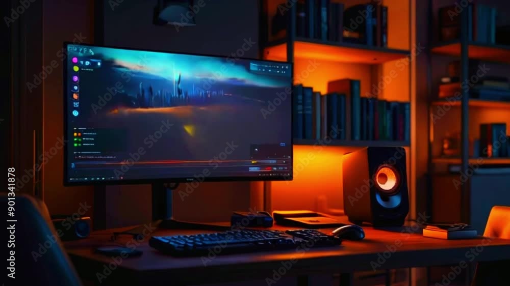 The video shows a computer desk with a monitor displaying a video game, a keyboard, a speaker, and a shelf with books. The room is dimly lit with warm lights. The video shows a computer desk with a monitor displaying a video game, a keyboard, a speaker, and a shelf with books. The room is dimly lit with warm lights.