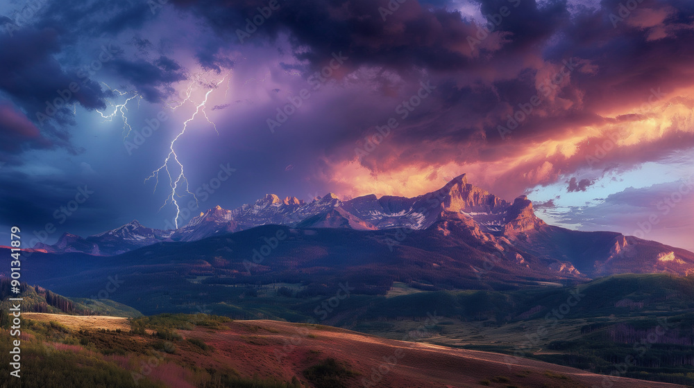 A mountain range is lit up by a lightning bolt A mountain range is lit up by a lightning bolt