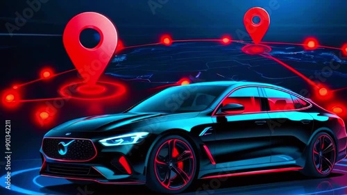 A black car is in the center of the image. A world map with red location pins is behind the car. There are red glowing lines connecting the pins. photo