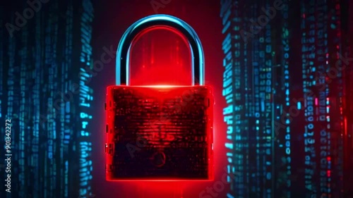 A large red padlock is in the center of the video, with a blurred background of blue and red digital code. photo