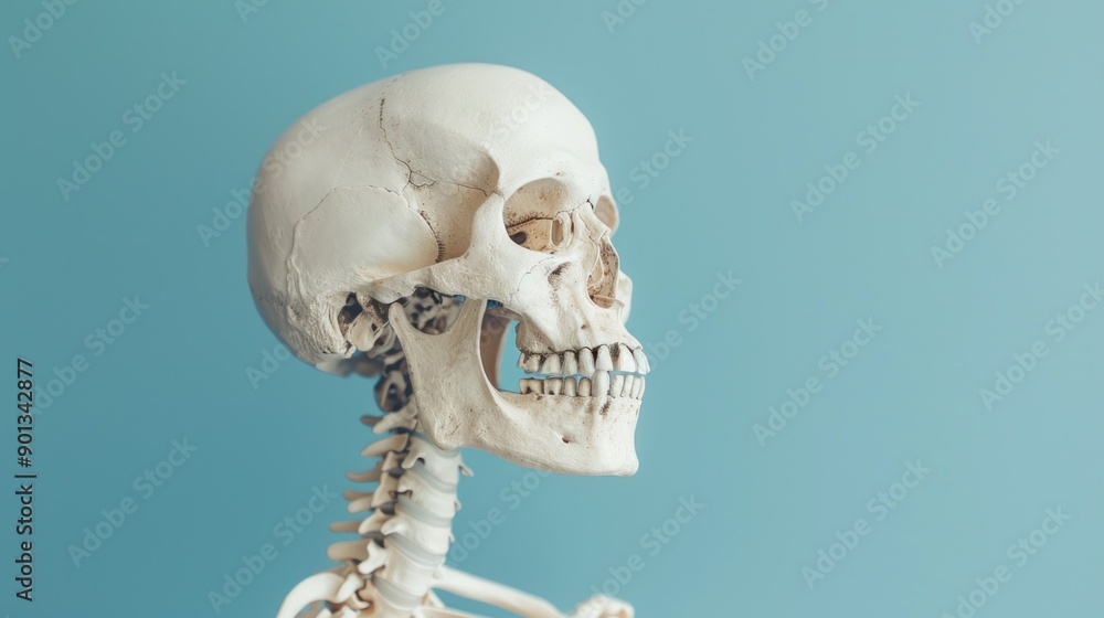 A white skeleton is shown with its head tilted to the side A white skeleton is shown with its head tilted to the side