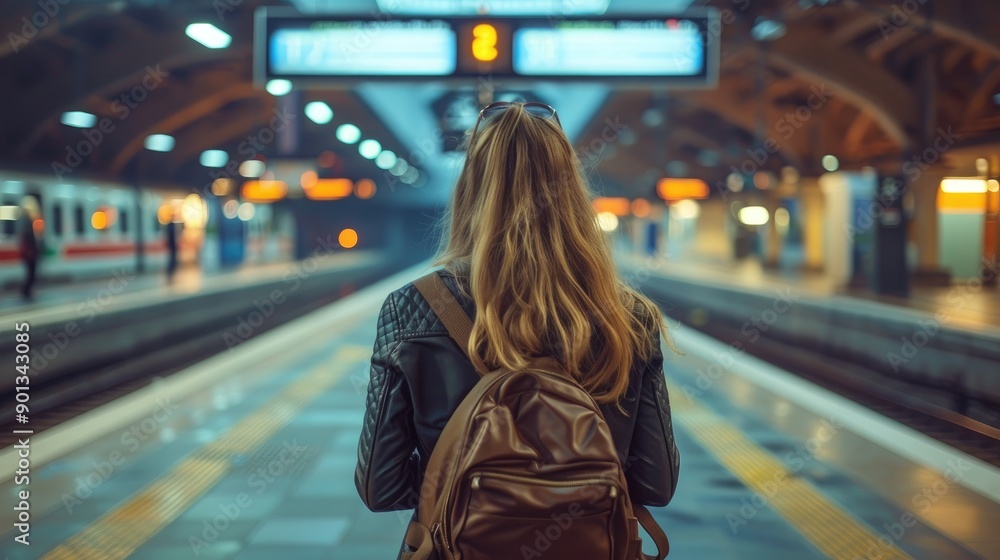 A woman with a brown backpack is standing on a train platform. She is looking at the train tracks A woman with a brown backpack is standing on a train platform. She is looking at the train tracks