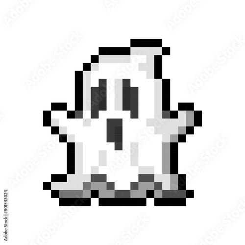 White flying ghost in a sheet isolated on transparent background. Halloween character icon. Vector pixel art illustration in 16 bit old style.