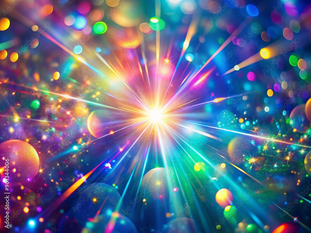 Fototapeta premium Vibrant abstract background featuring a holographic rainbow flare with blurred light refraction texture overlay effect, perfect for adding a futuristic touch to any design.