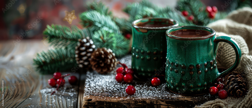 Christmas composition with cup or mug with hot chocolate, coffee, tea with christmas decorations. Happy New year mockup. Cozy wintertime leisure. Generative ai Christmas composition with cup or mug with hot chocolate, coffee, tea with christmas decorations. Happy New year mockup. Cozy wintertime leisure. Generative ai