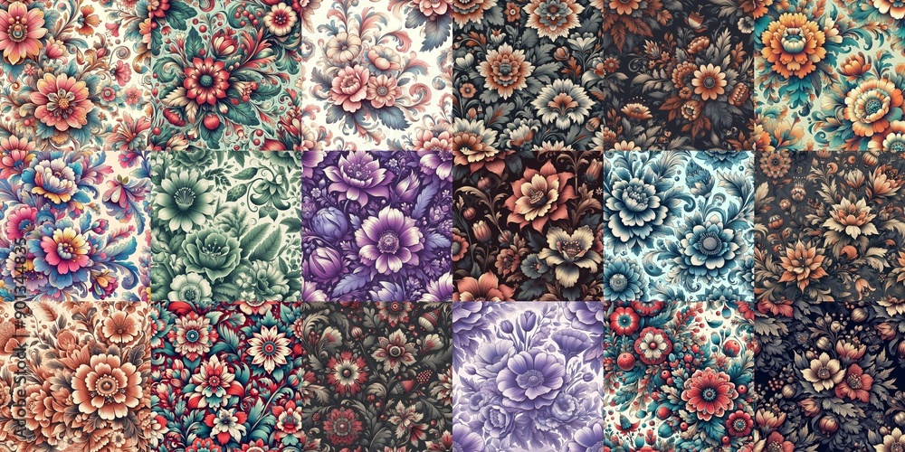 Petrykivka style flowers drawings. AI generated illustration Petrykivka style flowers drawings. AI generated illustration