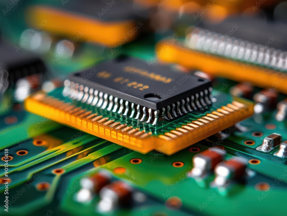 Close-up of a microchip on a circuit board, showcasing intricate details and vibrant colors in modern electronics. Close-up of a microchip on a circuit board, showcasing intricate details and vibrant colors in modern electronics.