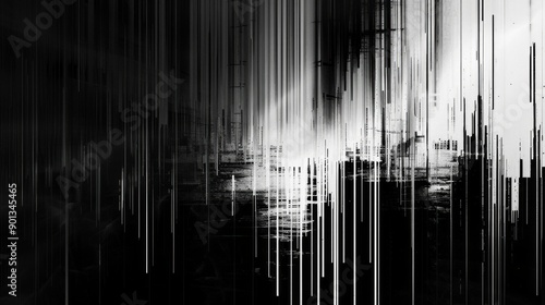 Glitch, fine thin lines, sound waves, chaos, black on white