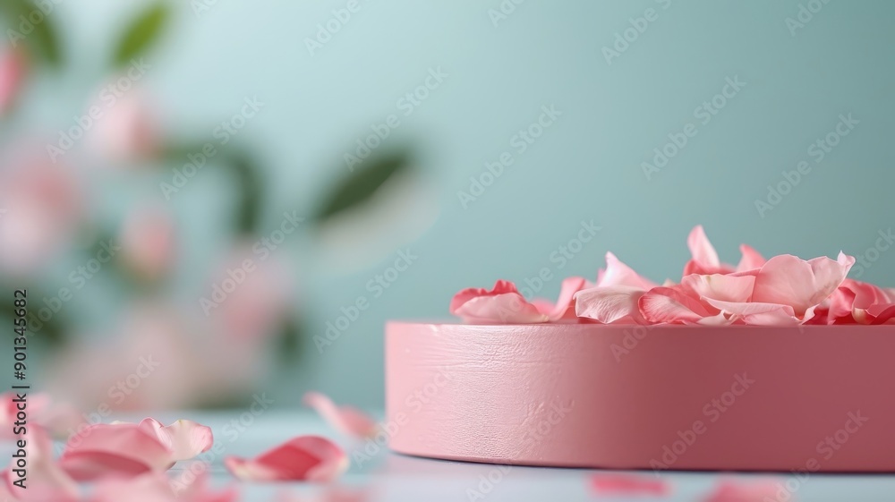 A close-up of a red podium adorned with scattered rose petals. A close-up of a red podium adorned with scattered rose petals.