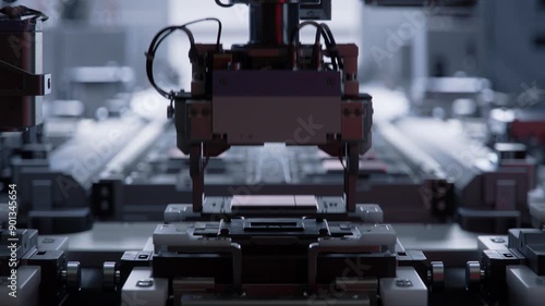 Close-up of Heat Spreader Attachment to Advanced Processor on Automated Conveyor at Electronics Factory. Microchip Manufacturing Facility. Computer Chip Production Process. photo