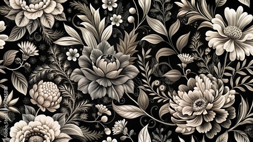 Wallpaper Mural Intricate black and white floral pattern on a dark, mysterious background, showcasing elegant blooms and foliage, perfect for artistic and sophisticated designs. Torontodigital.ca