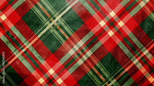 Modern abstract Christmas plaid pattern with vibrant red and green diagonal stripes. Perfect for festive holiday backgrounds and creative design projects