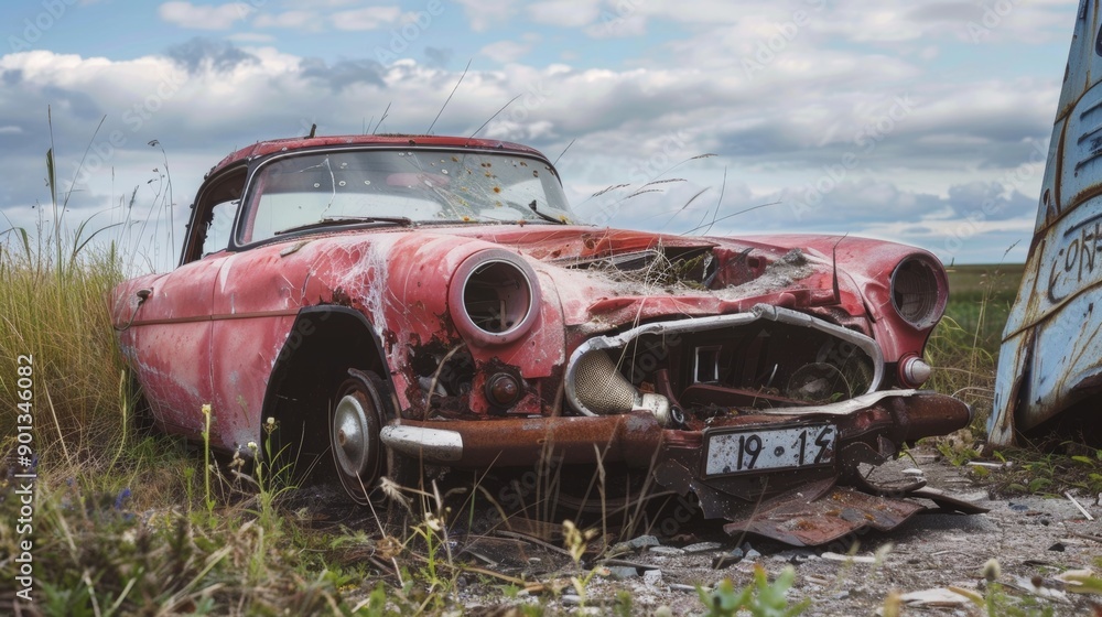 A car after an accident on the road. A damaged crashed car. A road accident A car after an accident on the road. A damaged crashed car. A road accident