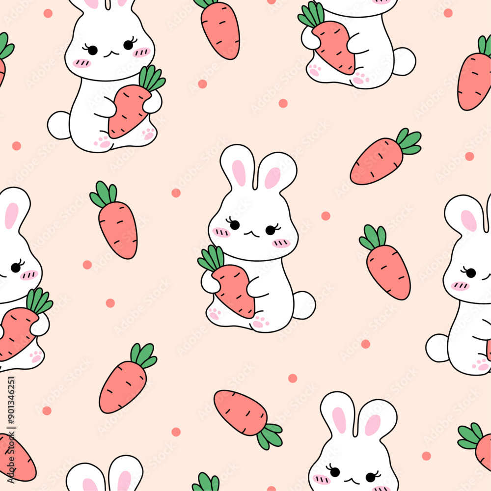 Obraz premium Kawaii rabbit with carrot. Seamless pattern. Cute vector background. Hand-drawn illustration.