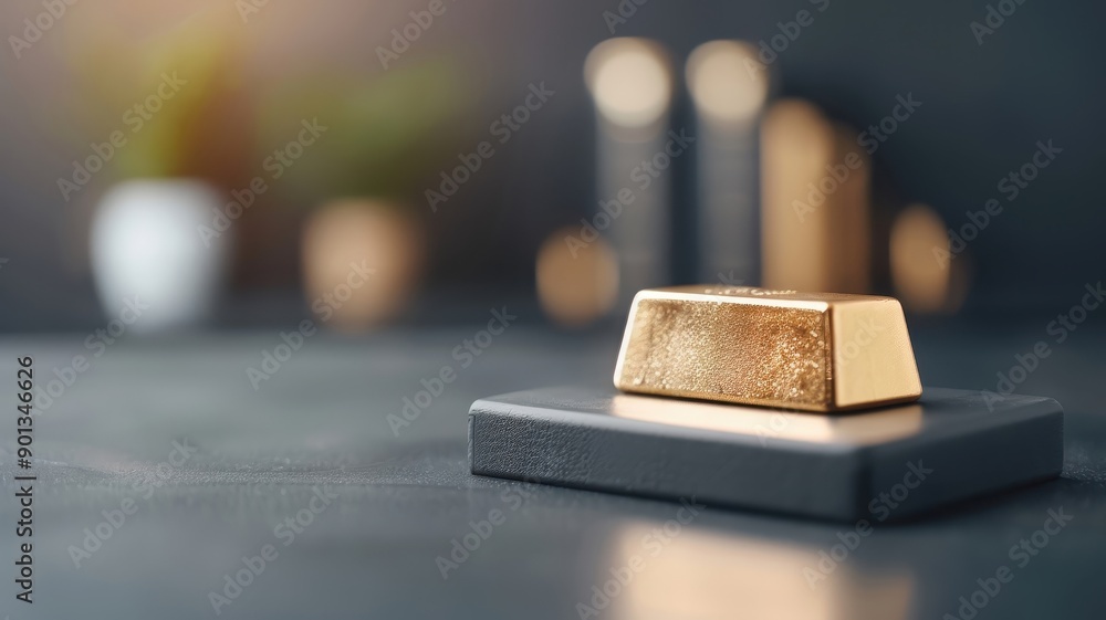 A minimalist display of a single gold bar on a black podium. A minimalist display of a single gold bar on a black podium.